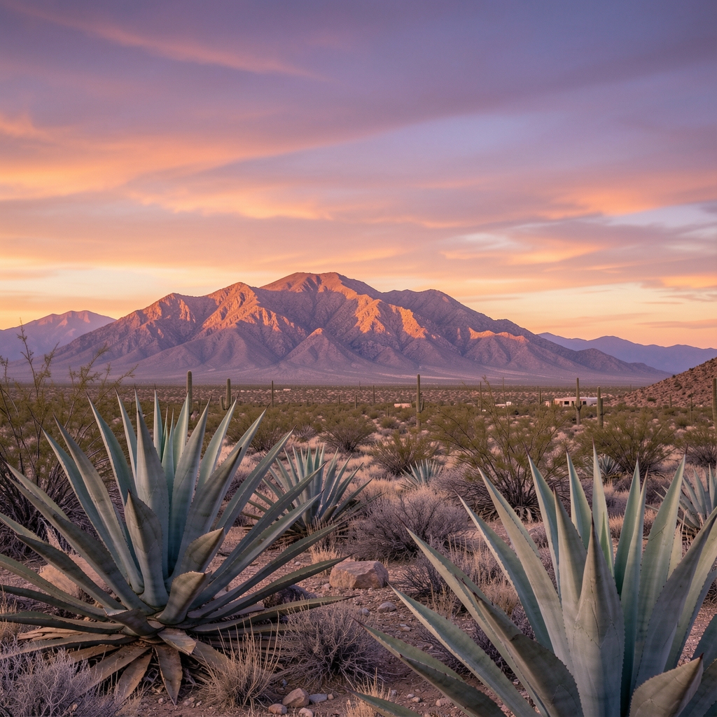 Paisaje desértico mexicano al amanecer con plantas de agave en primer plano, cielo de tonos anaranjados y violetas sobre la sierra, atmósfera serena y majestuosa