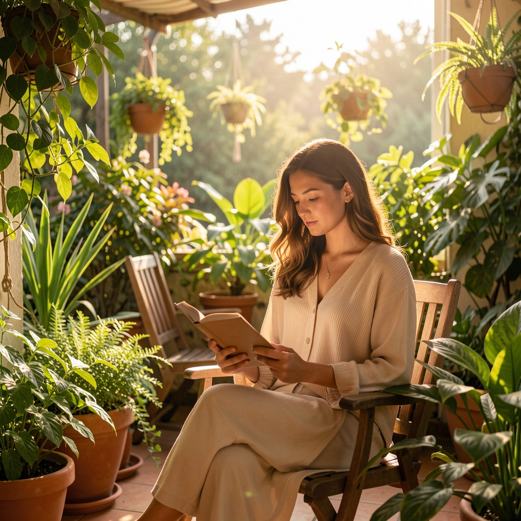 Mujer joven leyendo en una terraza luminosa rodeada de plantas verdes y luz solar matutina, ambiente sereno y natural