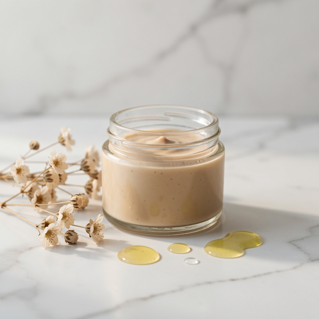 Crema hidratante natural en tarro de vidrio sobre superficie de mármol blanco junto a flores secas y gotas de aceite esencial, luz suave y difusa