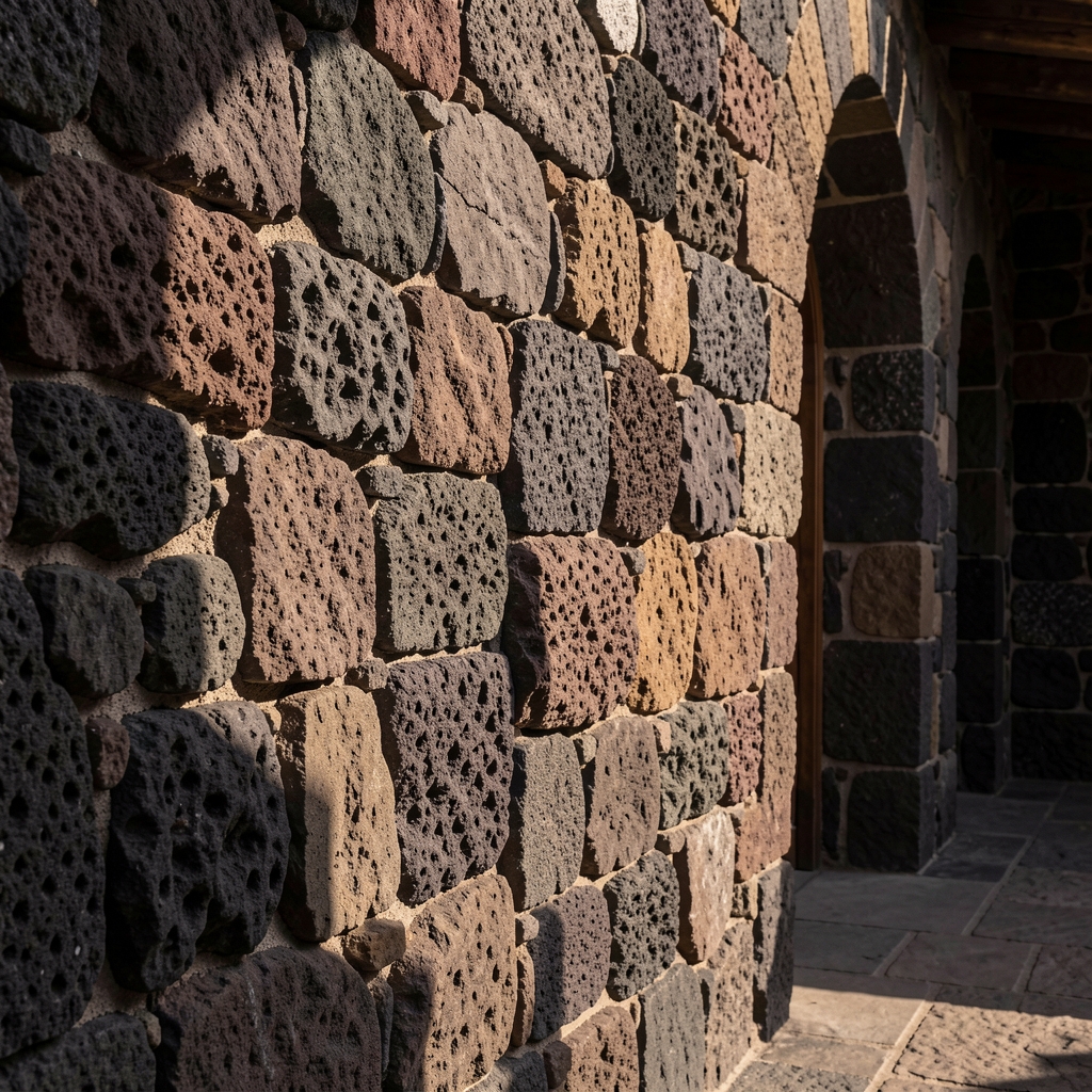 Detalle arquitectónico de pared de piedra volcánica recinto mexicana con luz lateral dramática creando texturas y sombras profundas, fotografía editorial minimalista